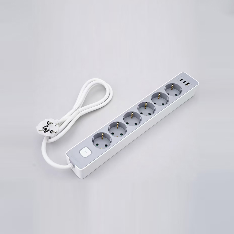 LOB-06K-AC német típusú 6 kimenetes elosztó kapcsolóval, PD gyorstöltő, 1 USB-A és 2 Type-C port Multi-Socket